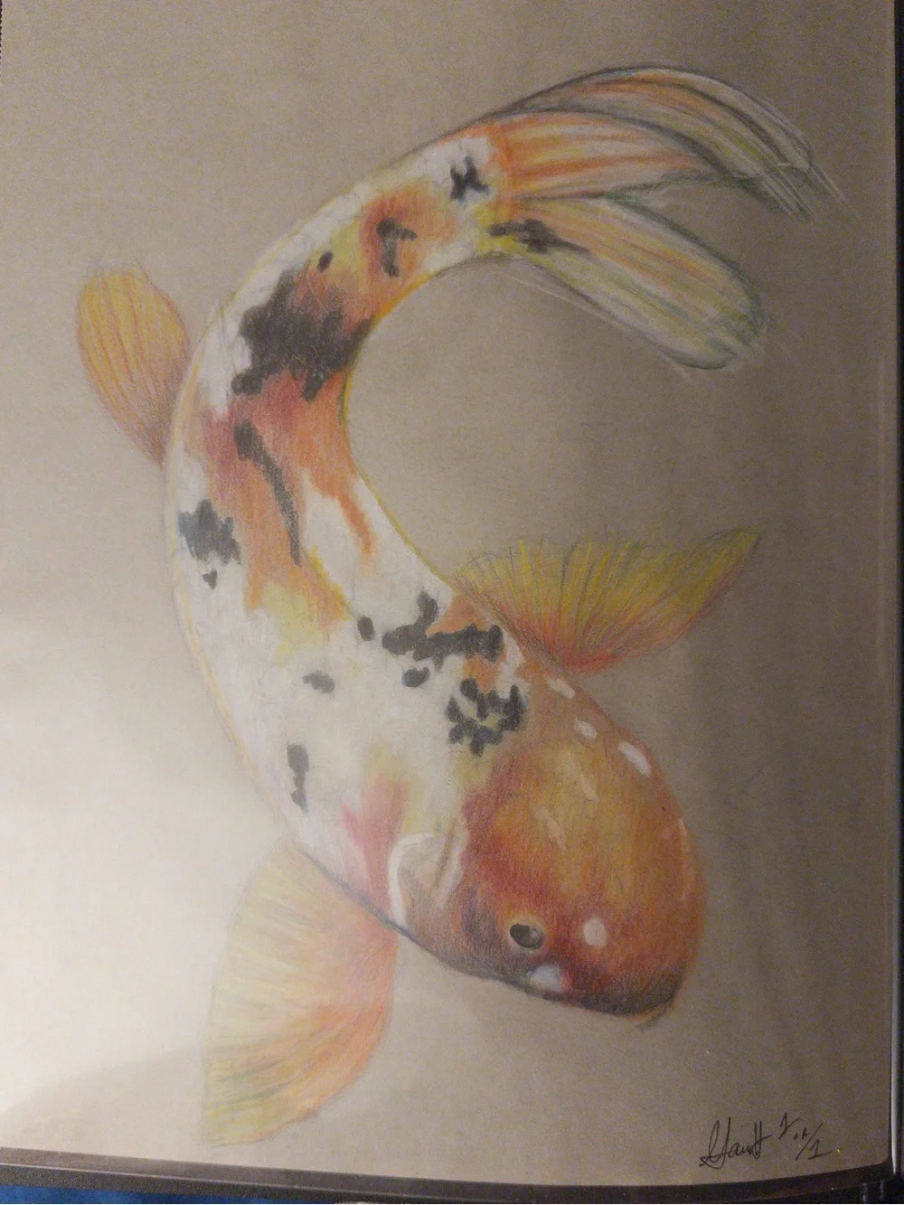 Koi Fish Wall Art hand crafted Print - White, Orange, Black